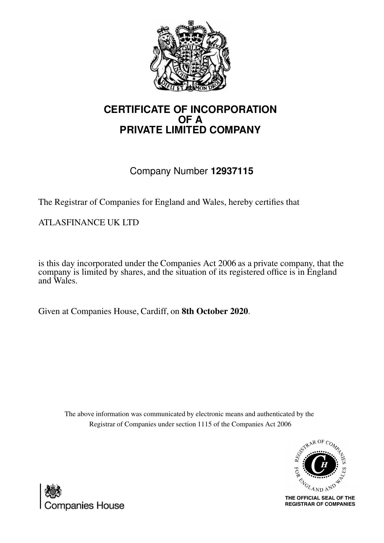ATLASFINANCE UK LTD — Certificate of Incorporation